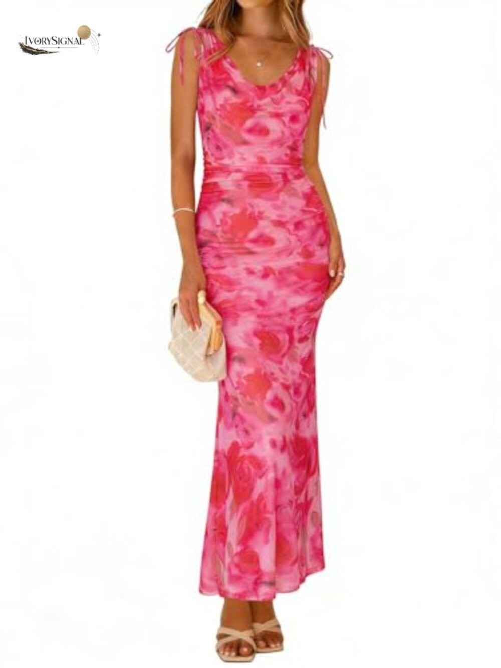 Women's Floral Mesh Bodycon Maxi Dress Sleeveless Ruched Party Long Dress